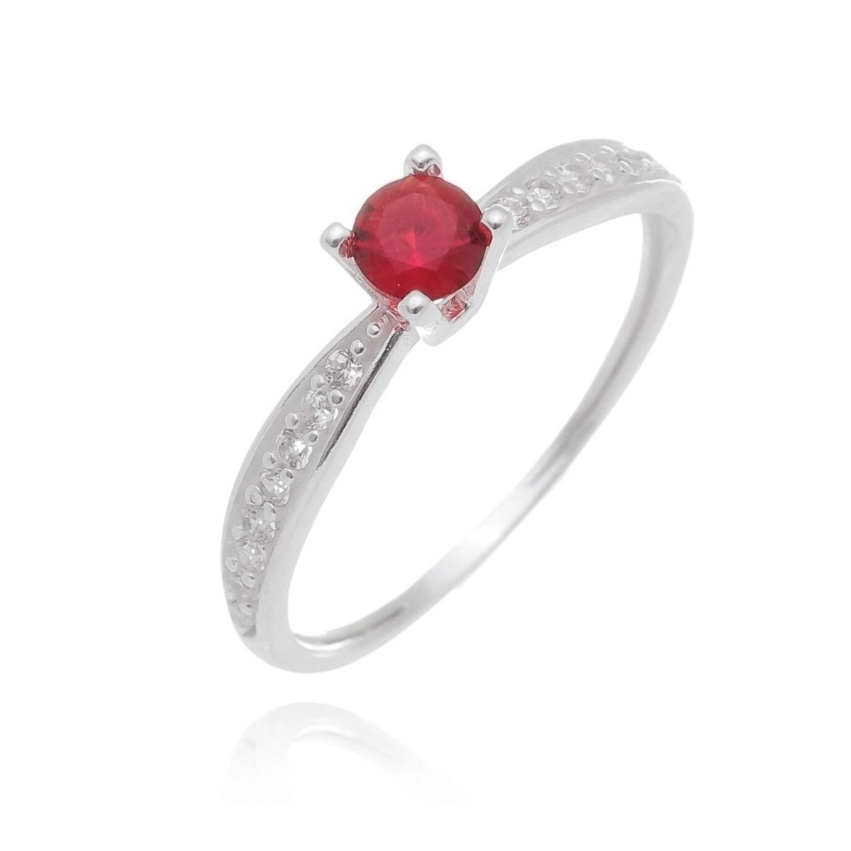 Anel Prata Solitário Vermelho C/Pedras Laterais 4mm Prata 925