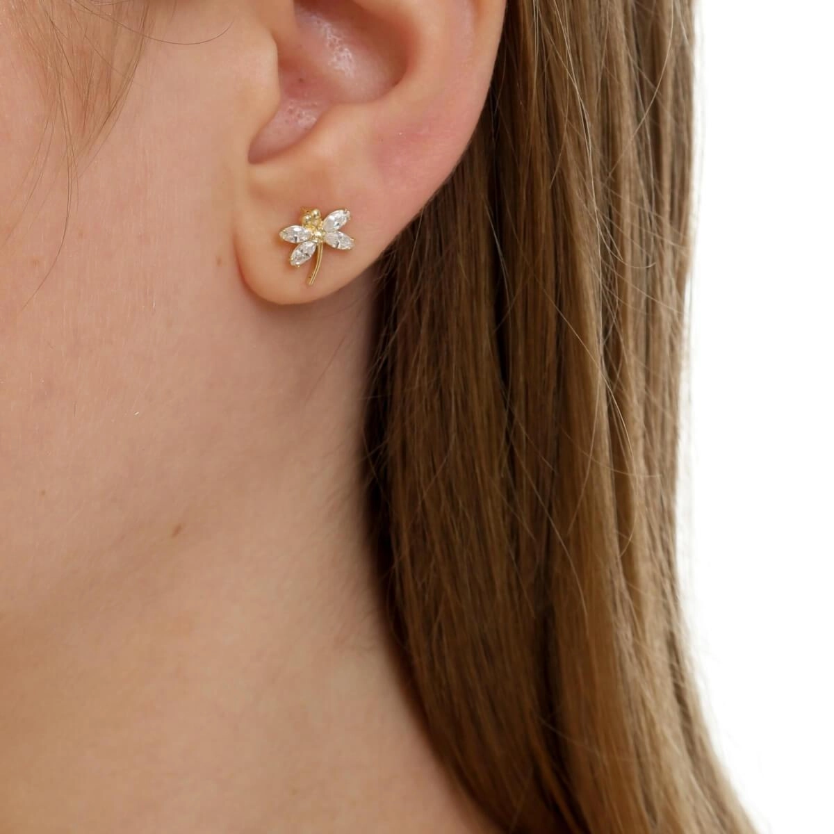 Brinco Ouro 18k Libélula C/Zircônia 9.50mm Real