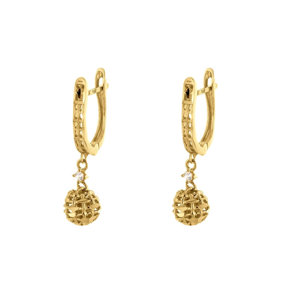 Brinco Ouro 18k Trava Diamantado Com Bola Frente
