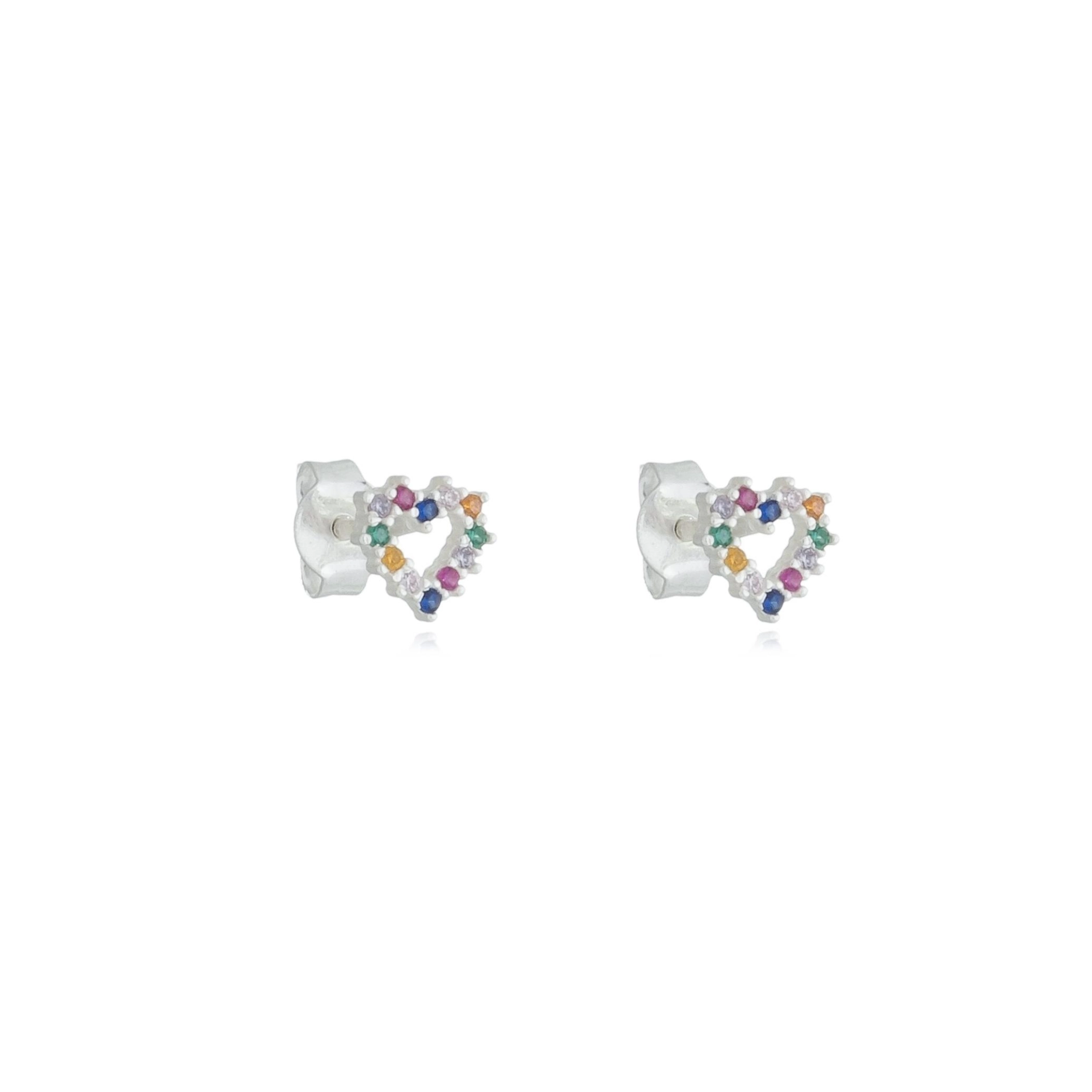 Brinco Prata Coração 6mm Pedras Coloridas Prata 925