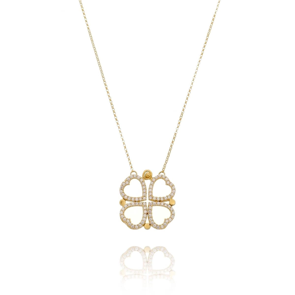 Colar Ouro 18k 2 em 1 Trevo Corações 45cm