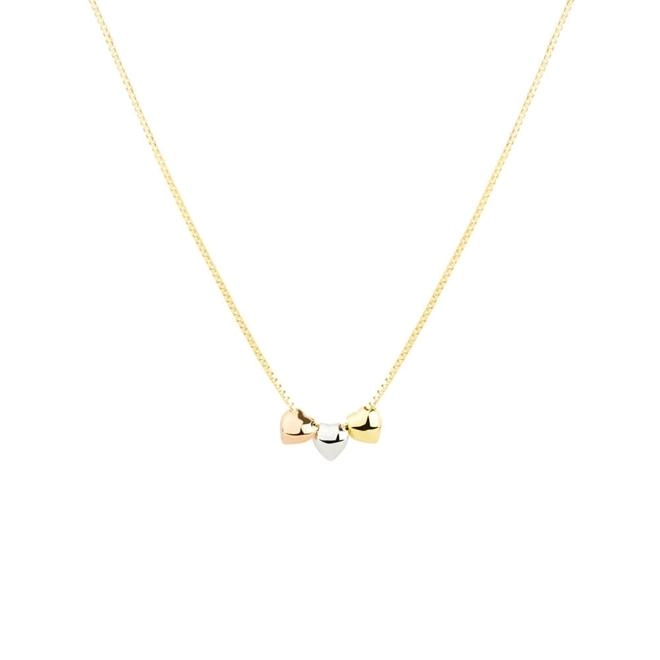 Colar Ouro 18k 3 Corações Tricolor 45cm 1.80 gramas