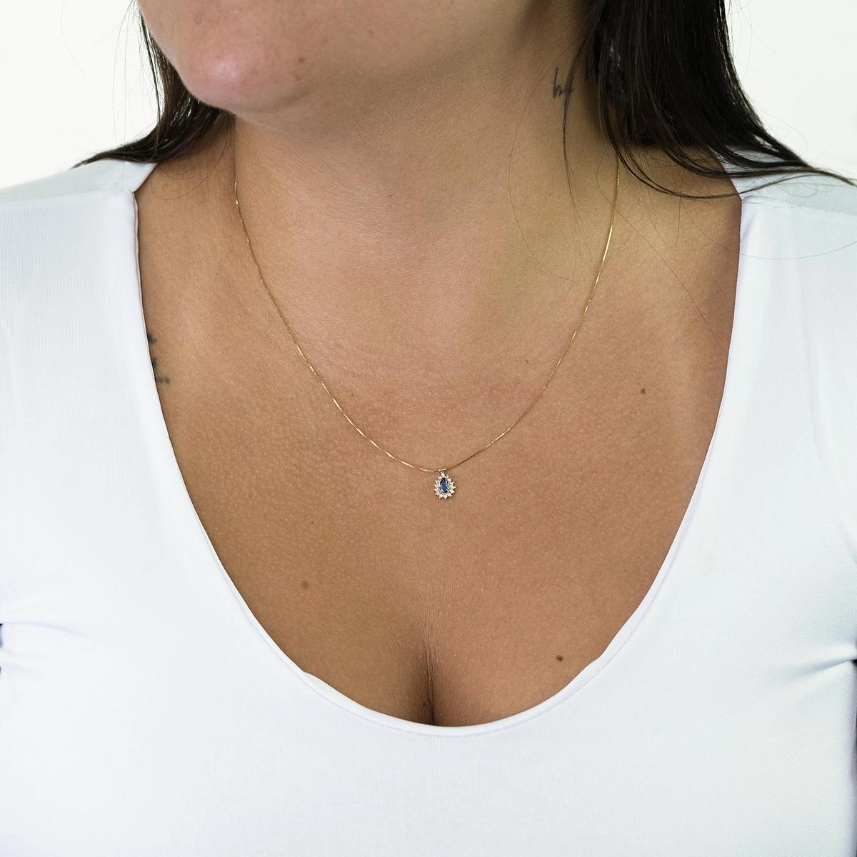 Colar Ouro 18k Ponto de Luz Gota Azul Chuveiro 45cm Colar Ouro 18k Ponto de Luz Gota Azul Chuveiro 45cm