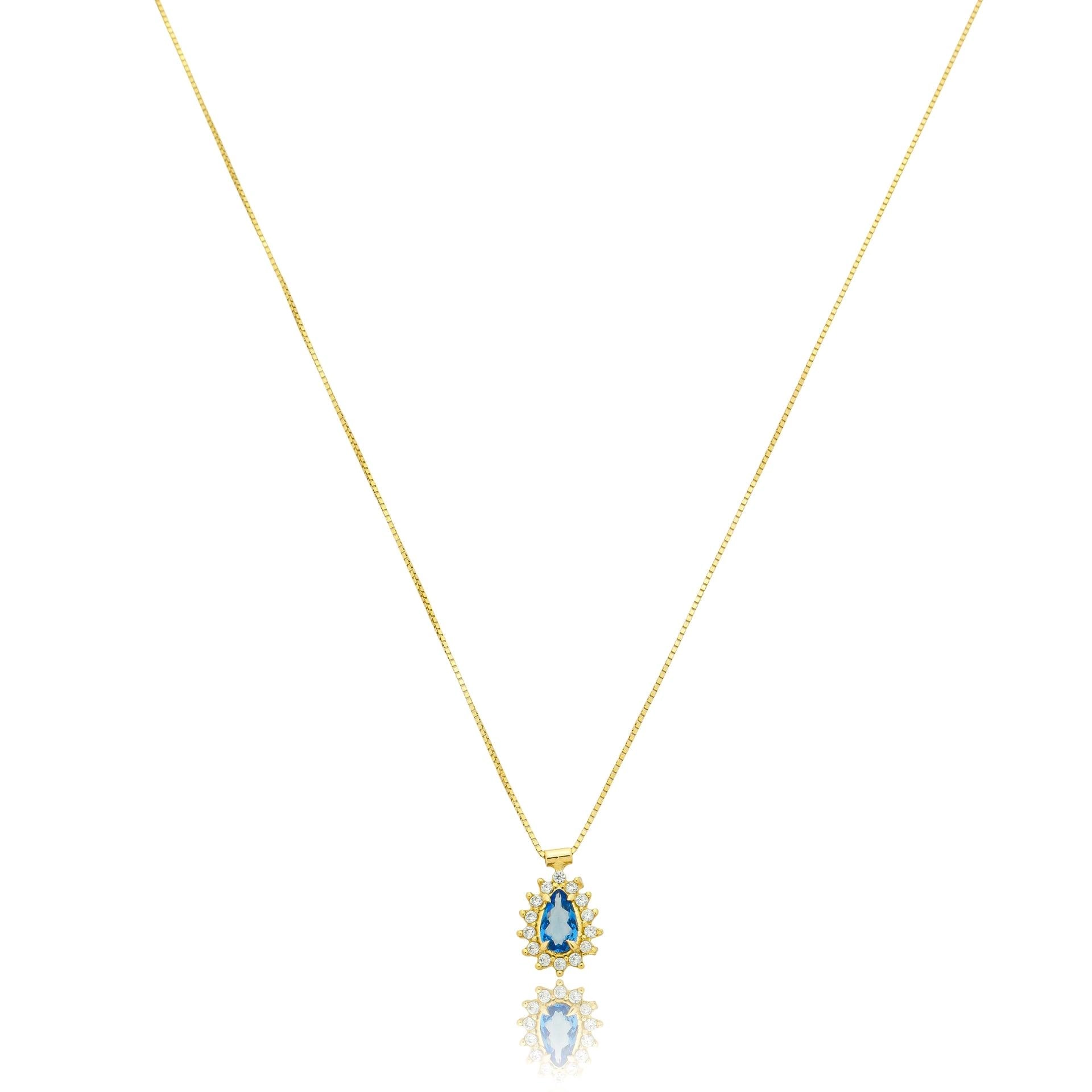 Colar Ouro 18k Ponto de Luz Gota Azul Chuveiro 45cm