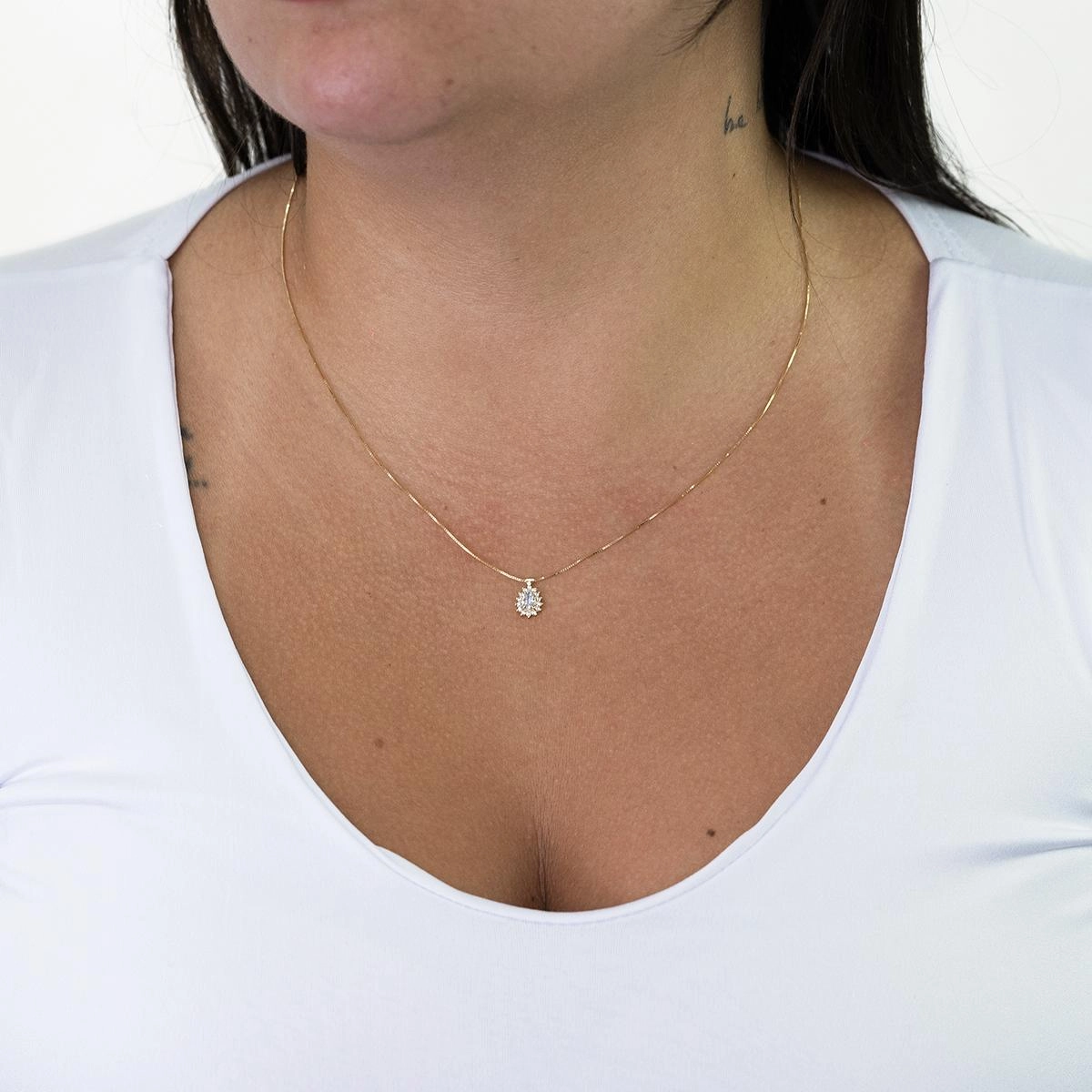 Colar Ouro 18k Ponto de Luz Gota Incolor Chuveiro 45cm Colar Ouro 18k Ponto de Luz Gota Incolor Chuveiro 45cm