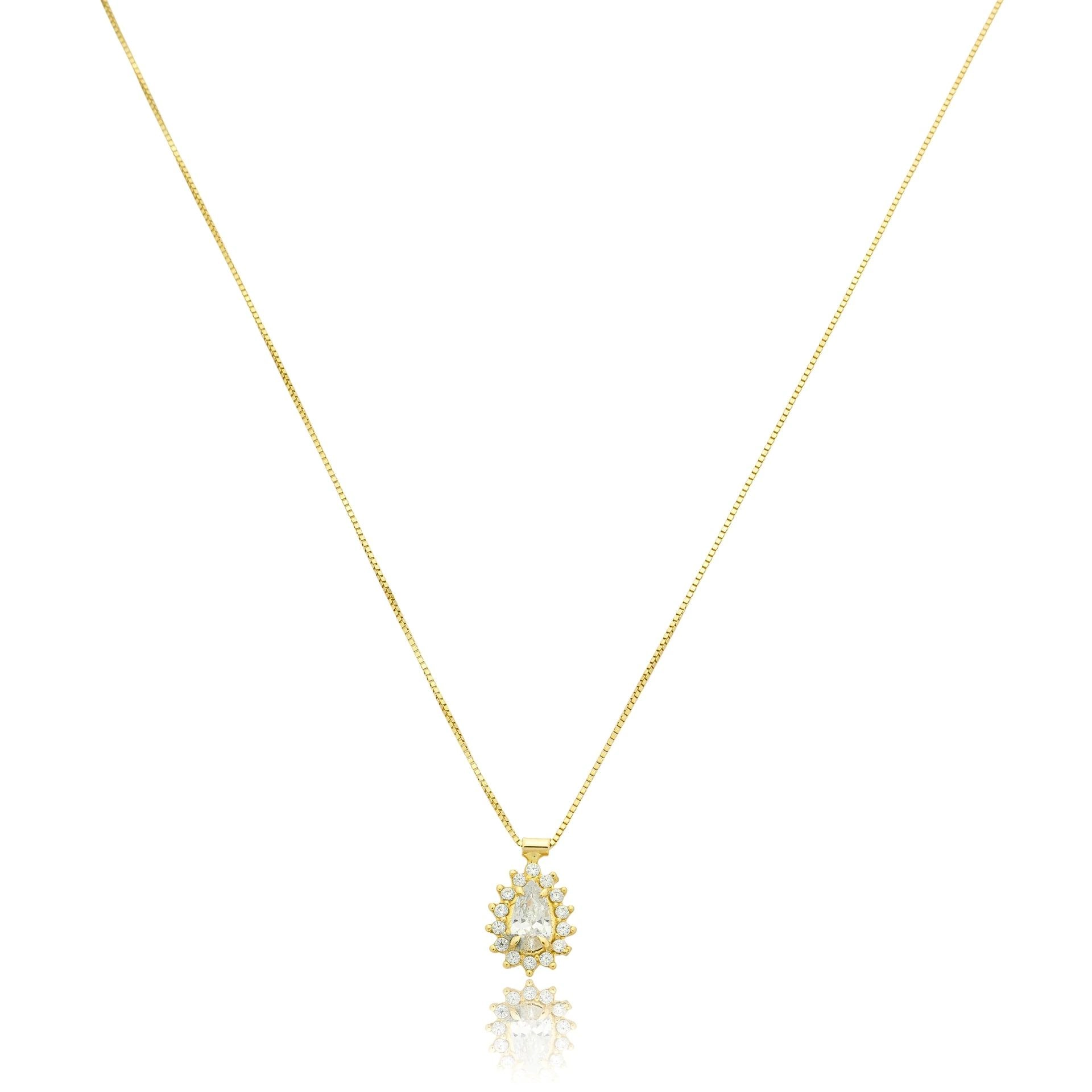 Colar Ouro 18k Ponto de Luz Gota Incolor Chuveiro 45cm