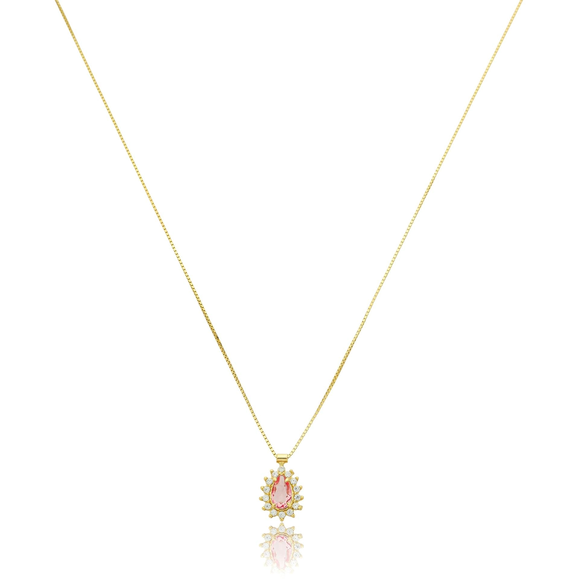 Colar Ouro 18k Ponto de Luz Gota Rosa Chuveiro 45cm