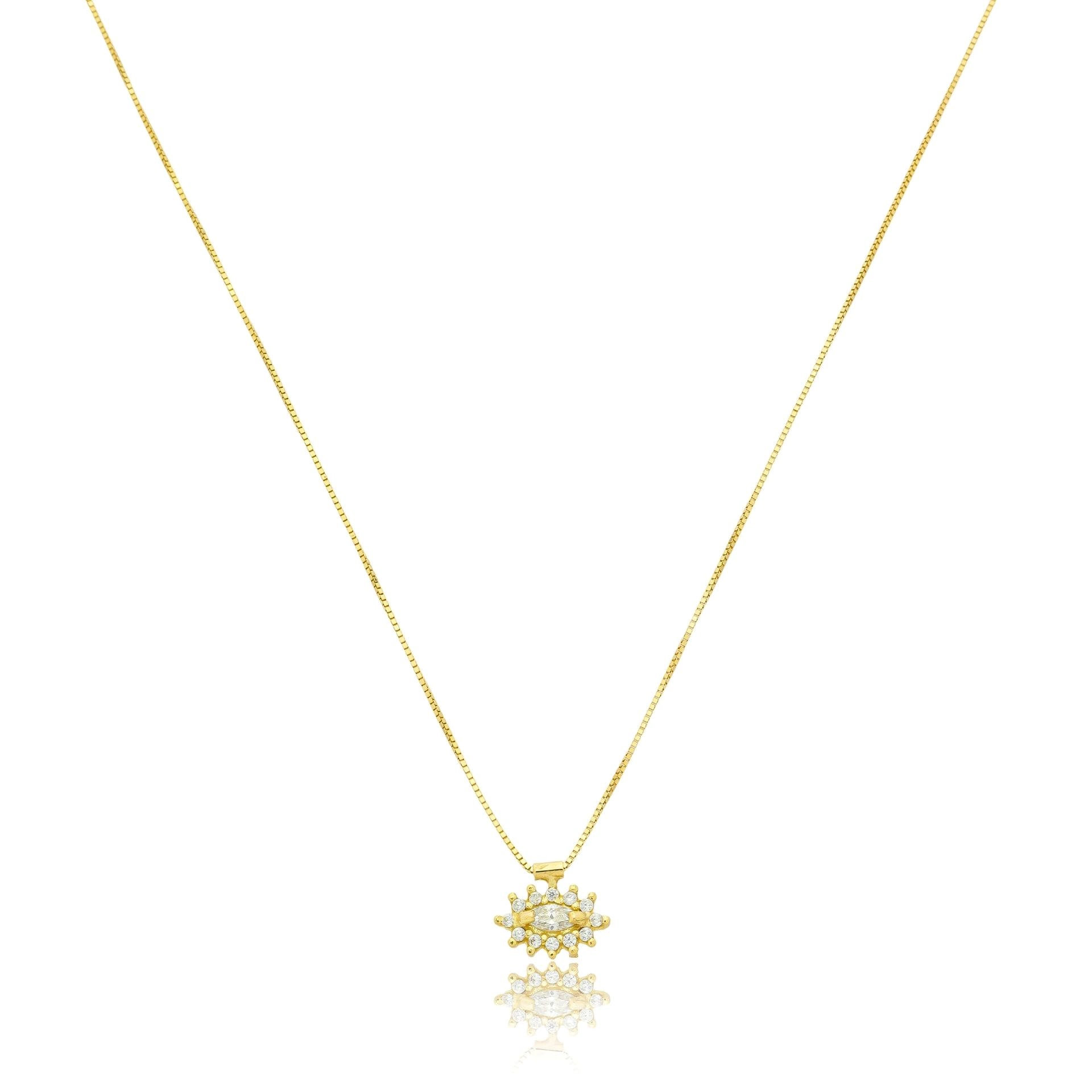 Colar Ouro 18k Ponto de Luz Navete Deitada Incolor Chuveiro 45cm
