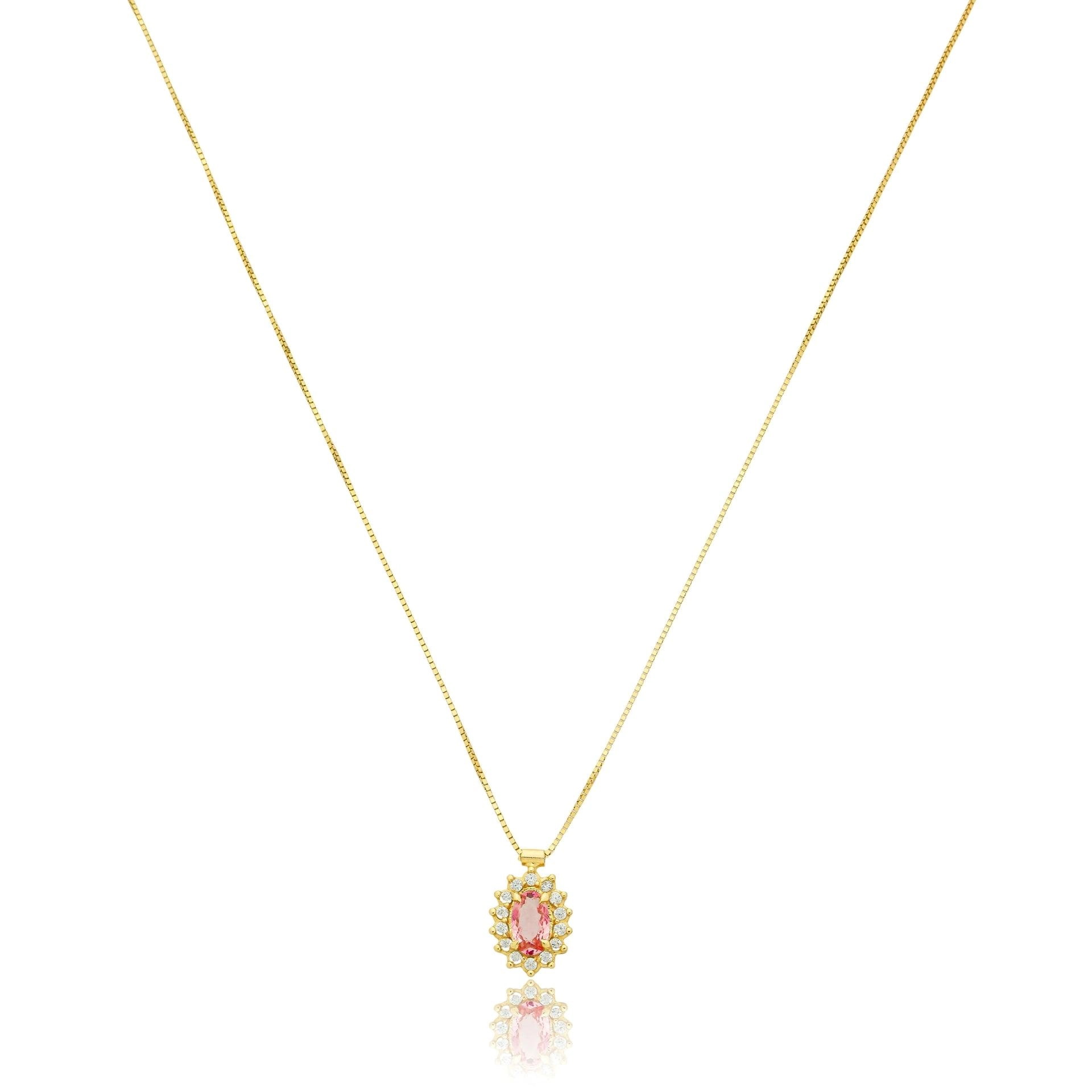 Colar Ouro 18k Ponto de Luz Oval Rosa Chuveiro 45cm