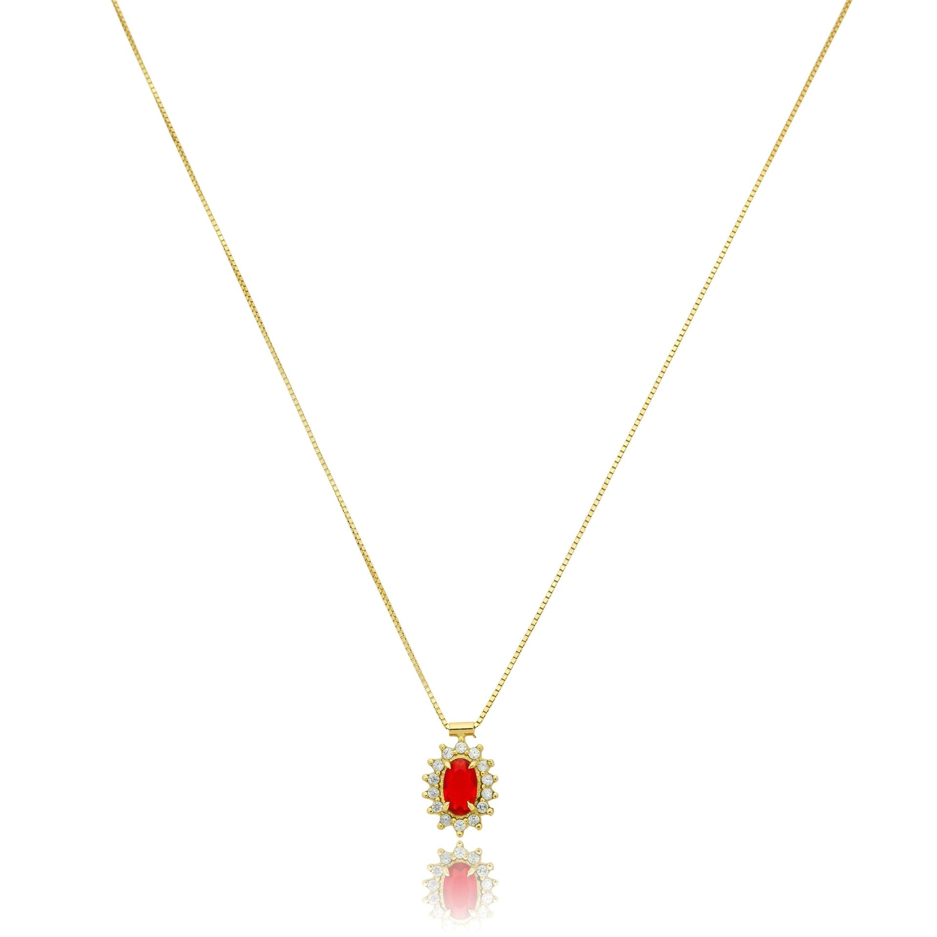 Colar Ouro 18k Ponto de Luz Oval Vermelho Chuveiro 45cm