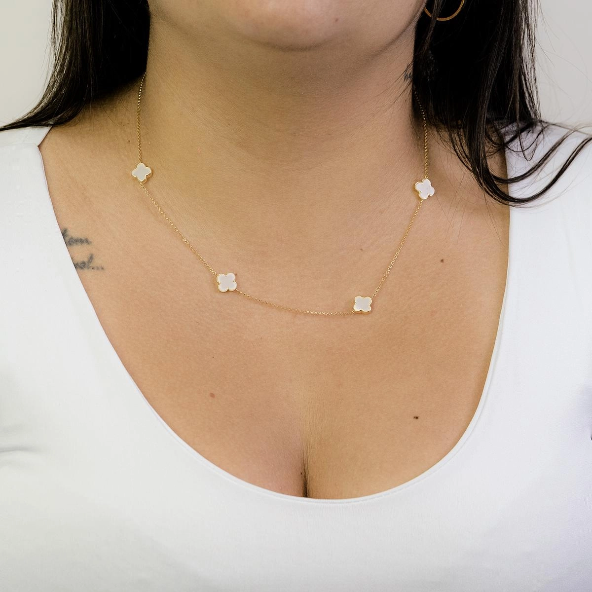 Colar Ouro 18k Trevo Branco 45cm