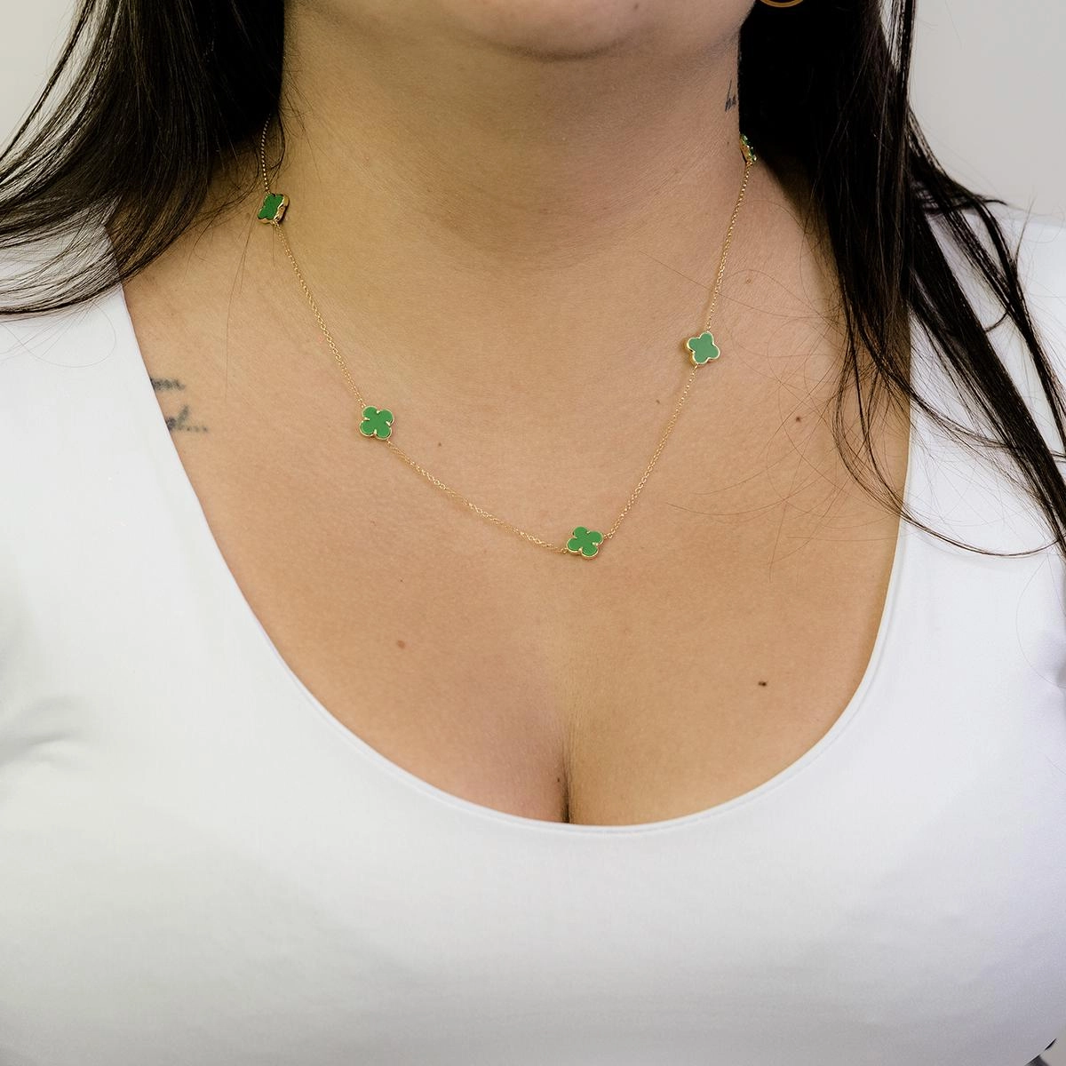 Colar Ouro 18k Trevo Verde 45cm