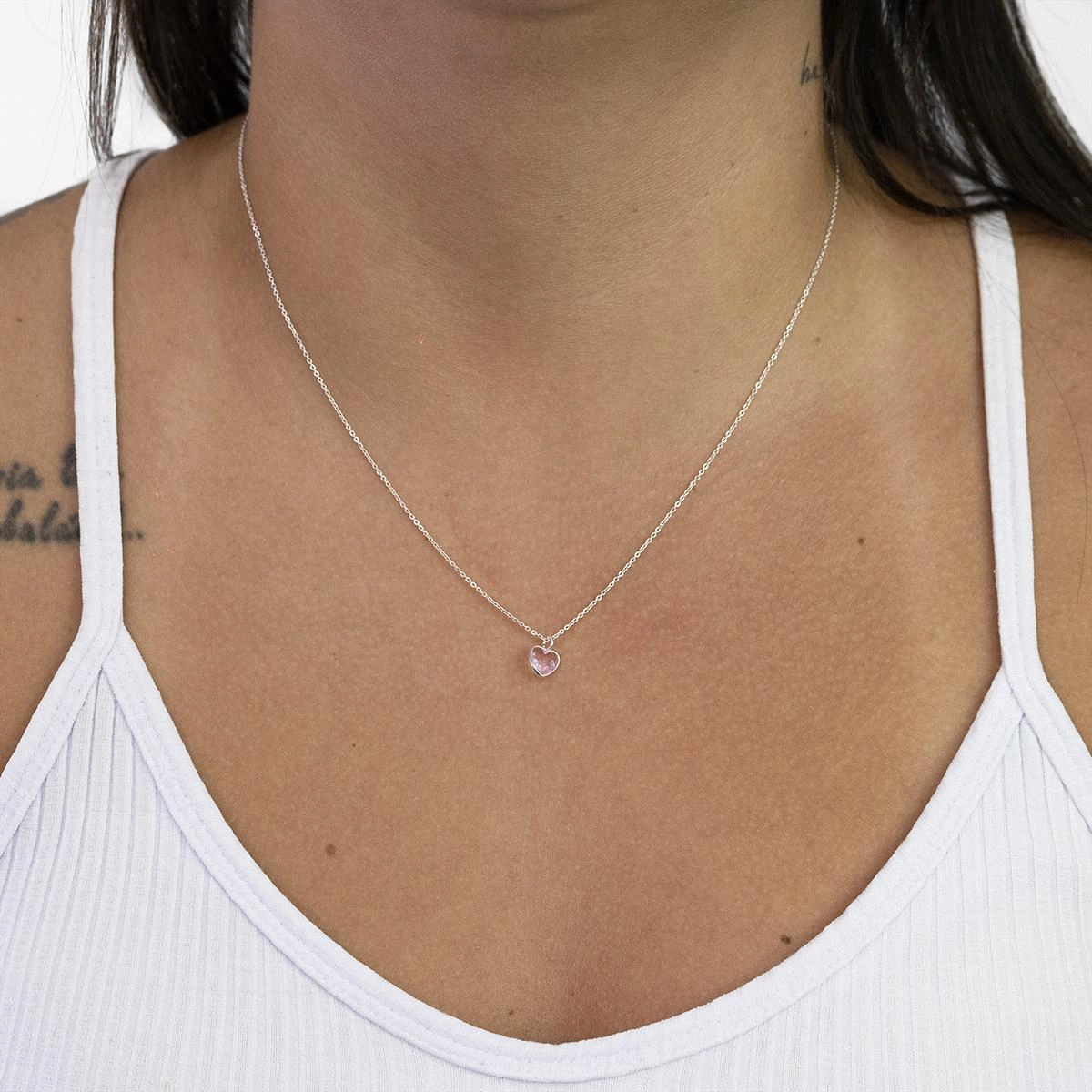 Colar Prata 925 Ponto de Luz Coração Rosa 45cm Colar Prata 925 Ponto de Luz Coração Rosa 45cm