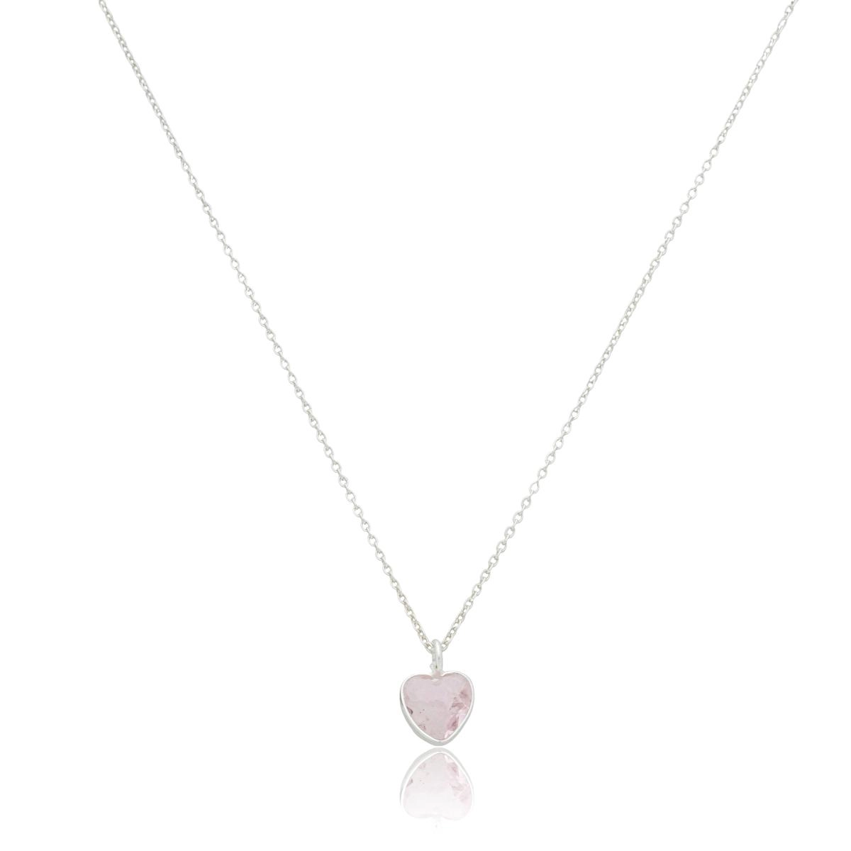Colar Prata 925 Ponto de Luz Coração Rosa 45cm