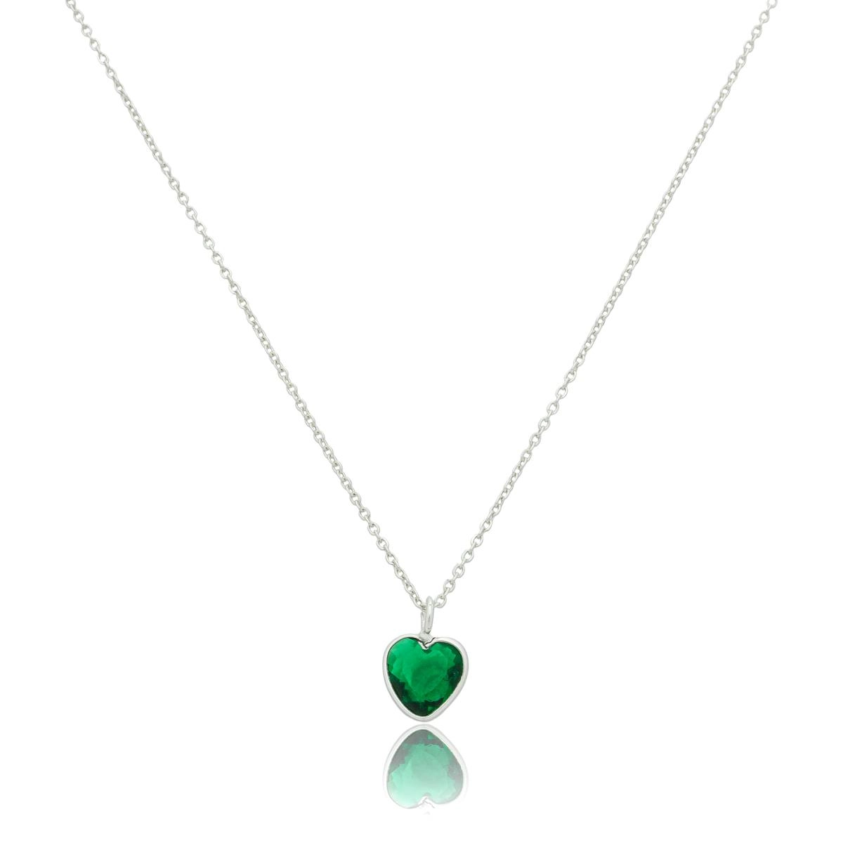 Colar Prata 925 Ponto de Luz Coração Verde 45cm