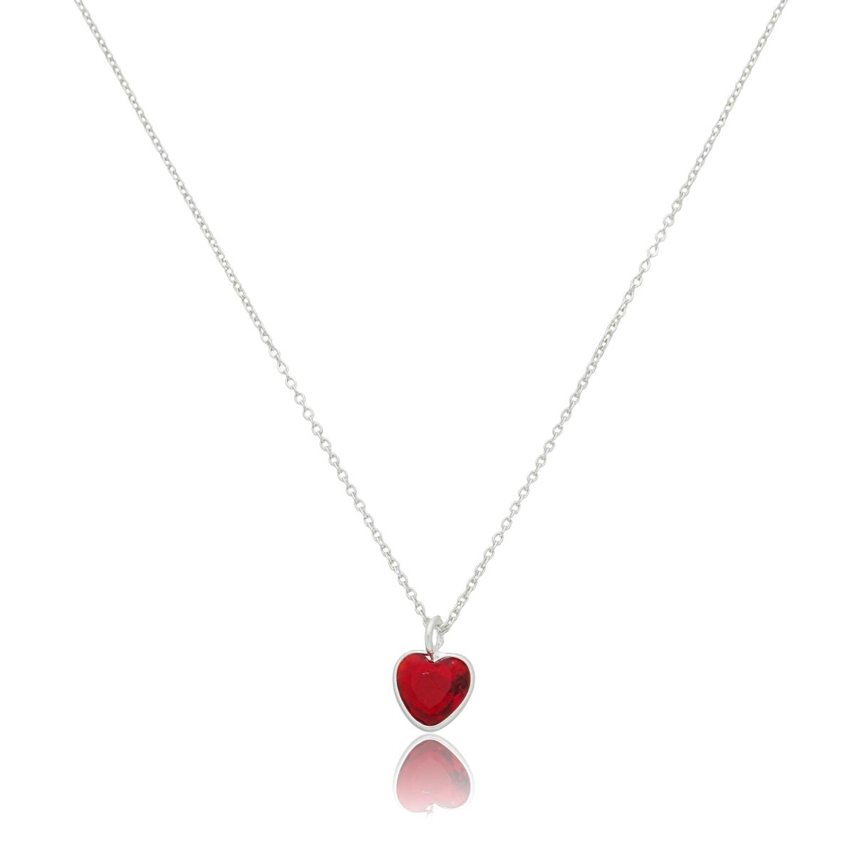 Colar Prata 925 Ponto de Luz Coração Vermelho 45cm