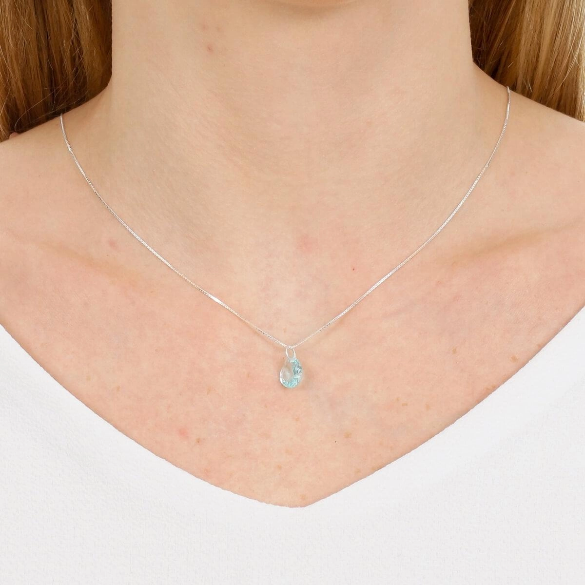 Colar Prata Veneziana 45cm C/Gota Azul Claro Prata 925 