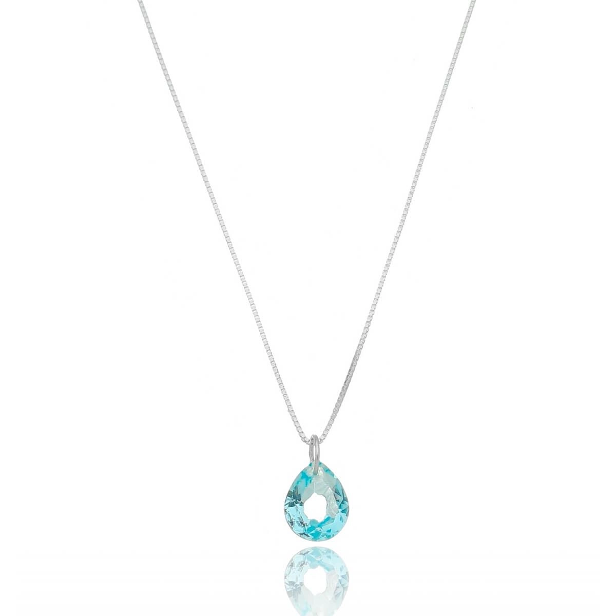 Colar Prata Veneziana 45cm C/Gota Azul Claro Prata 925 