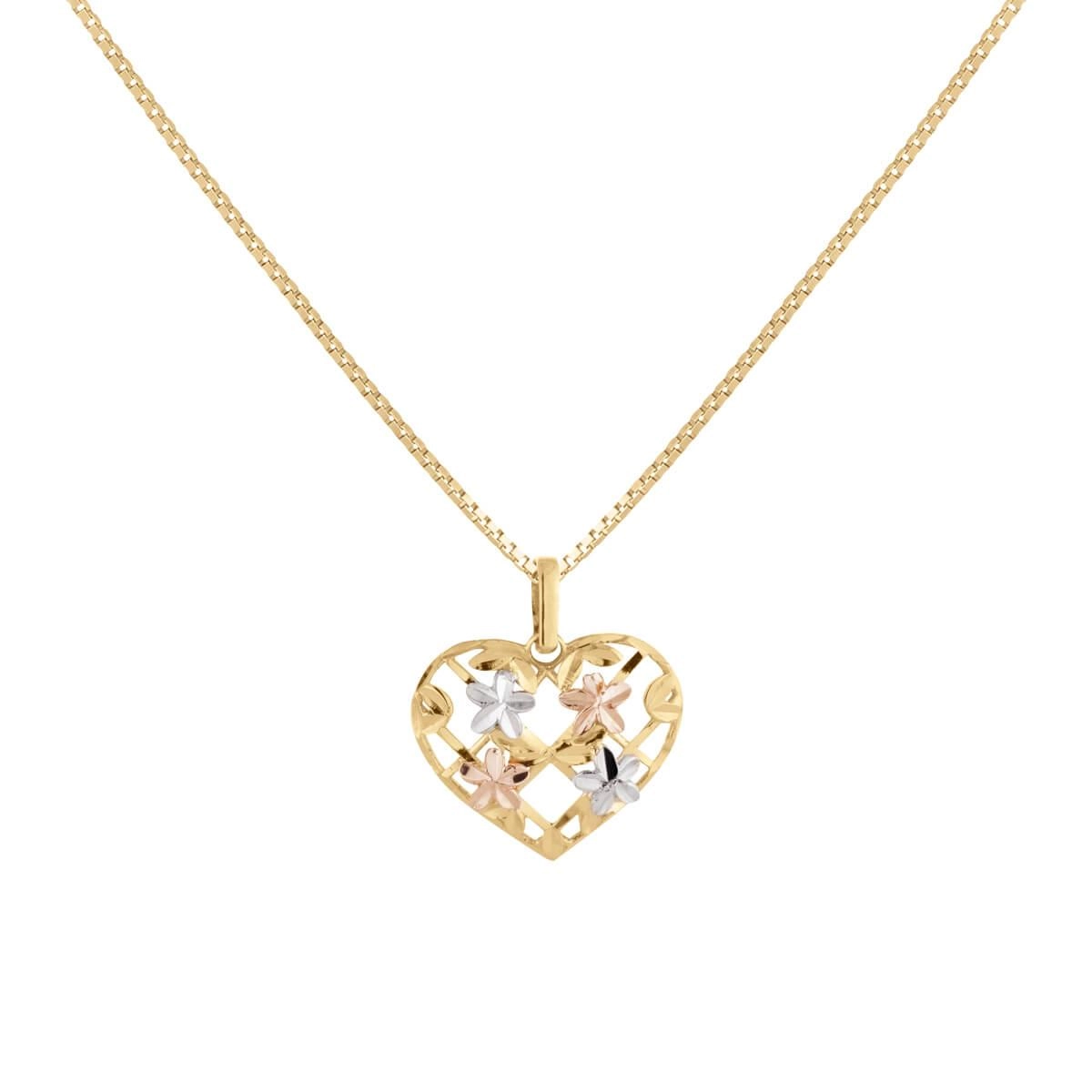Pingente Ouro 18k Coração com Flor 12mm Corrente