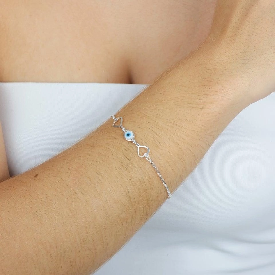Pulseira Prata Olho Grego Corações Prata 925 Pulseira Prata Olho Grego Corações Prata 925