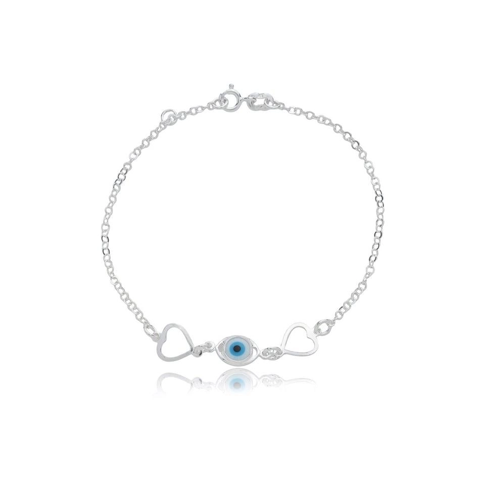 Pulseira Prata Olho Grego Corações Prata 925 Pulseira Prata Olho Grego Corações Prata 925