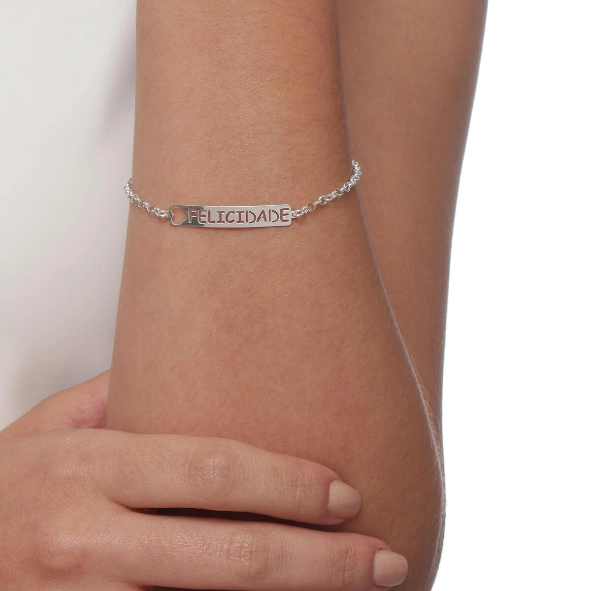 Pulseira Prata Placa Felicidade 17cm Prata 925 modelo