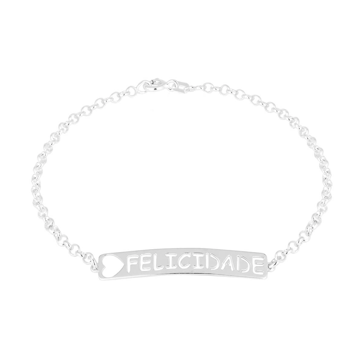 Pulseira Prata Placa Felicidade 17cm Prata 925 detalhe