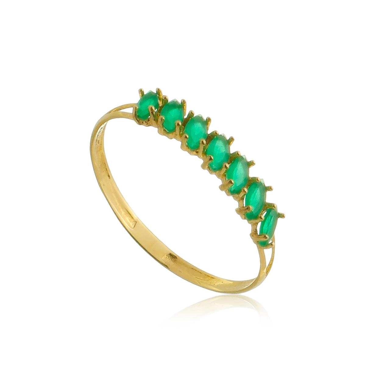Anel Ouro 18k 7 Pedras Navete Verde