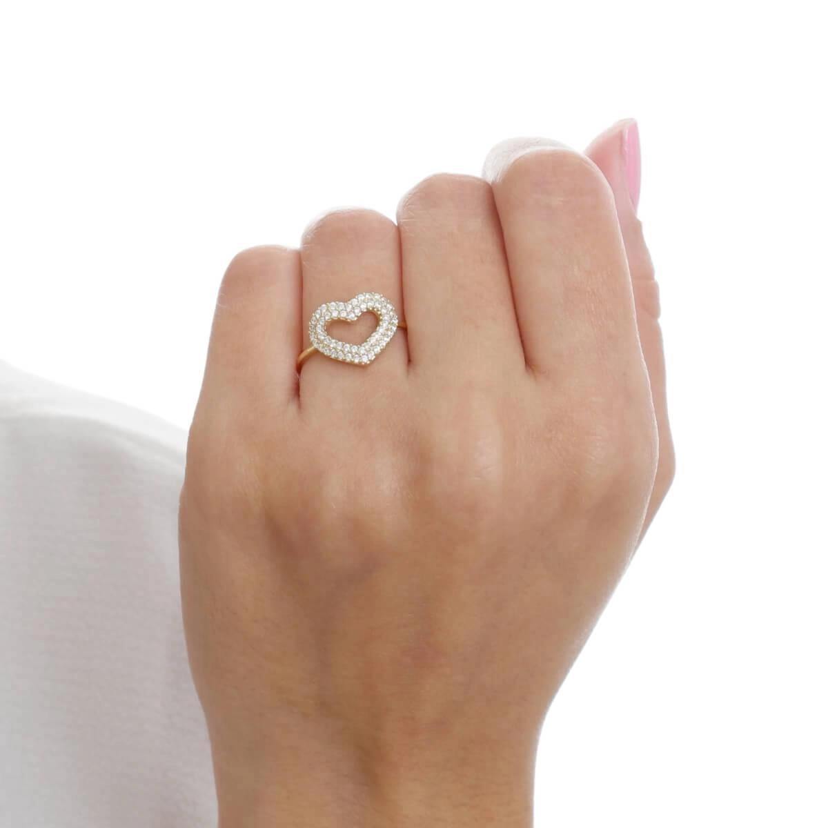 Anel Ouro 18k Coração Vazado C/ Pedras 10.60mm