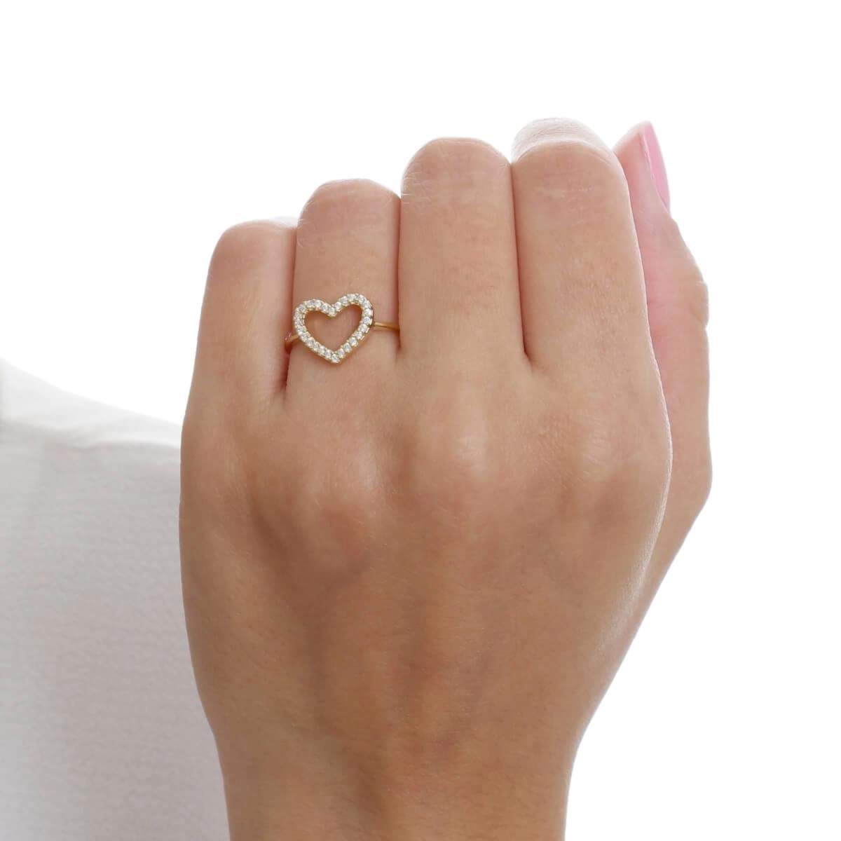 Anel Ouro 18k Coração Vazado C/ Pedras 9.60mm