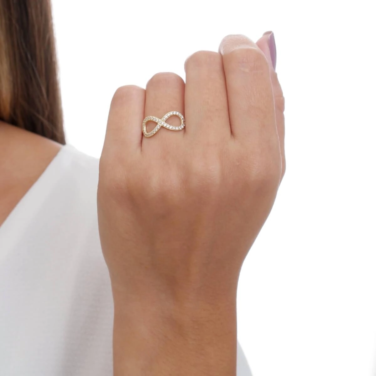 Anel Ouro 18k Infinito C/ Pedras 7.70mm