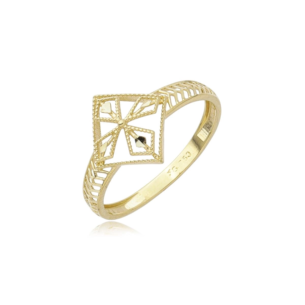 Anel Ouro 18k Losango Diamantado Vazado