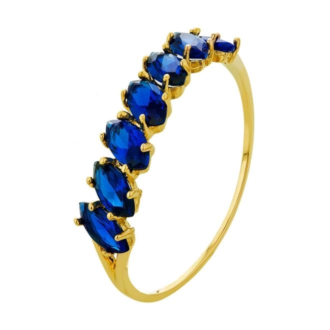 Anel Ouro 18k Meia Aliança 7 Pedras Navete Azul 1.10 Gramas