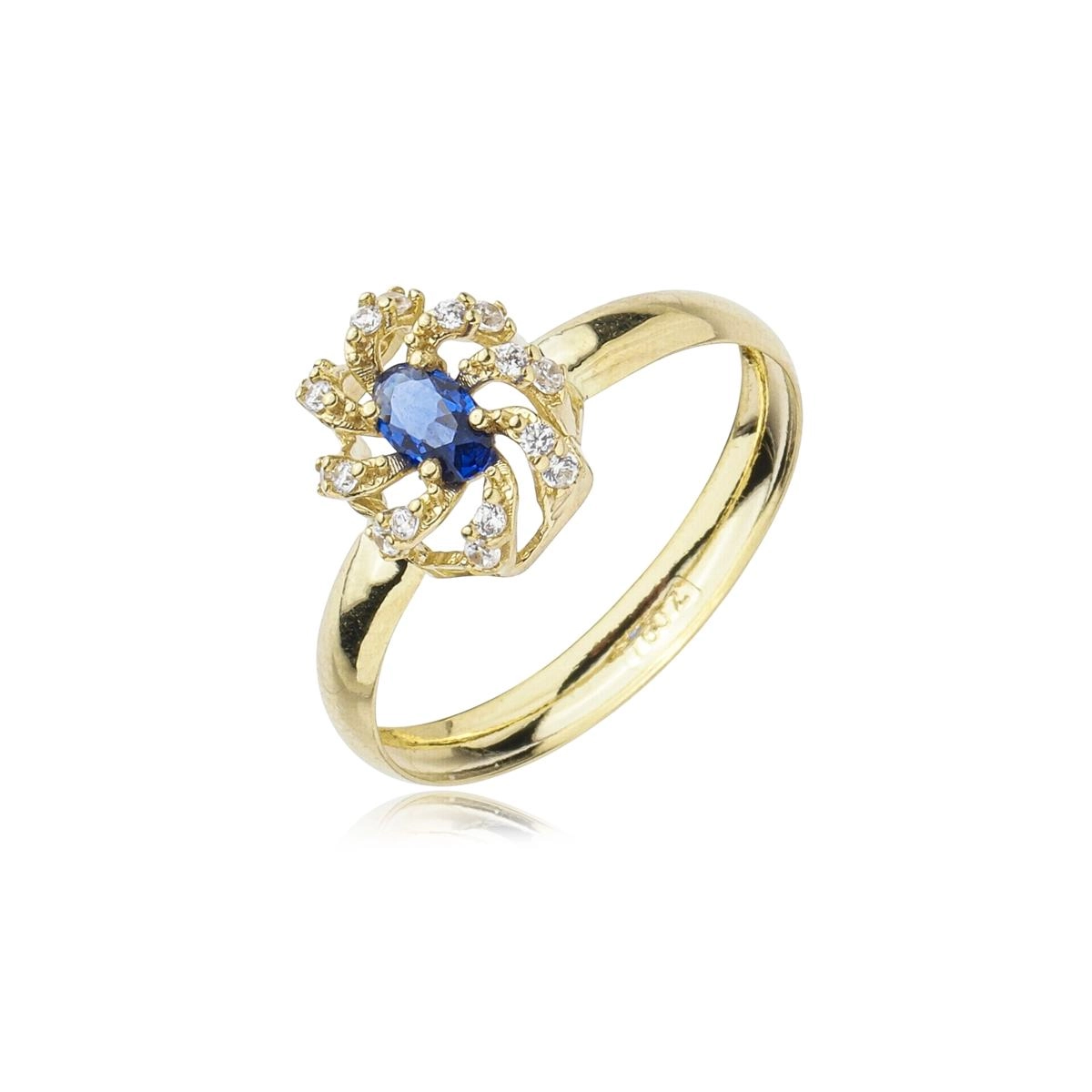 Anel Ouro 18k Navete Azul Pedras Laterais