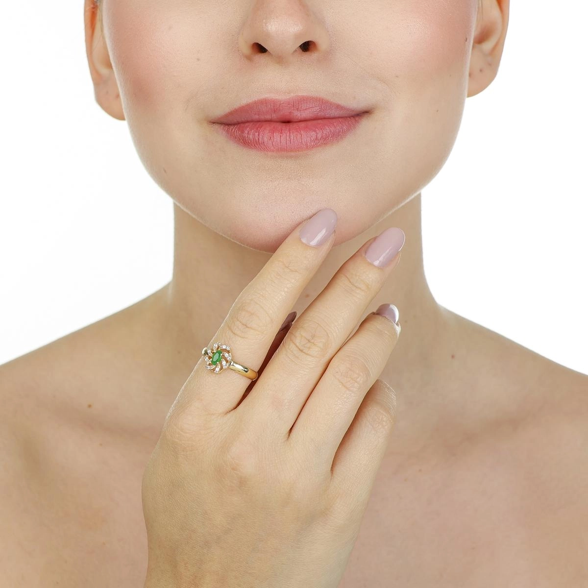 Anel Ouro 18k Navete Verde Pedras Laterais