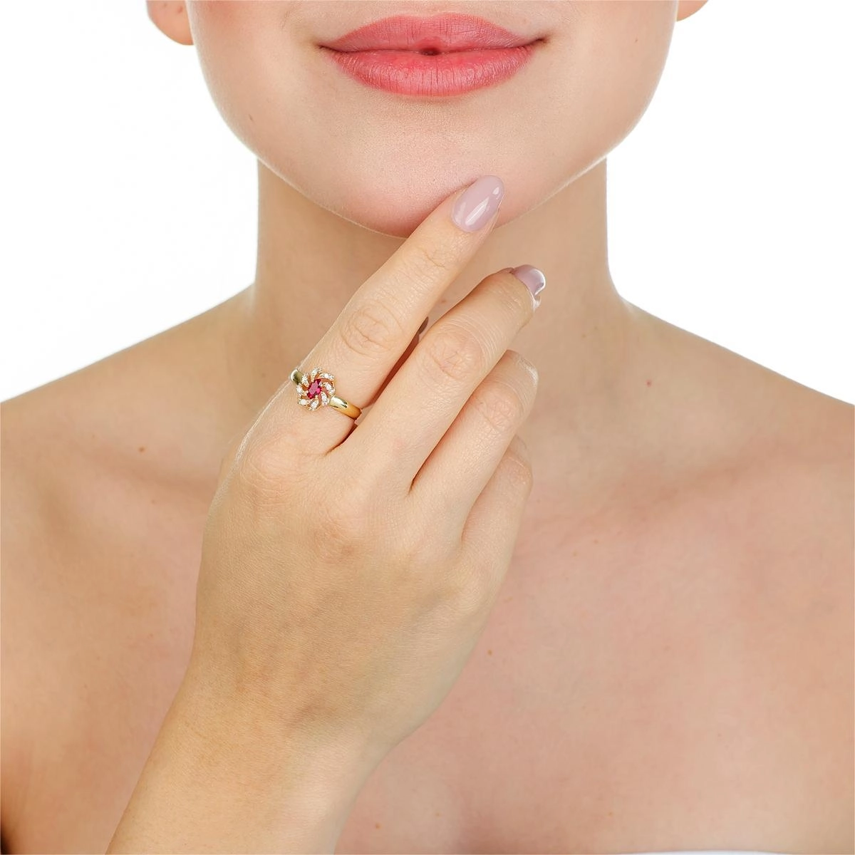 Anel Ouro 18k Navete Vermelha Pedras Laterais