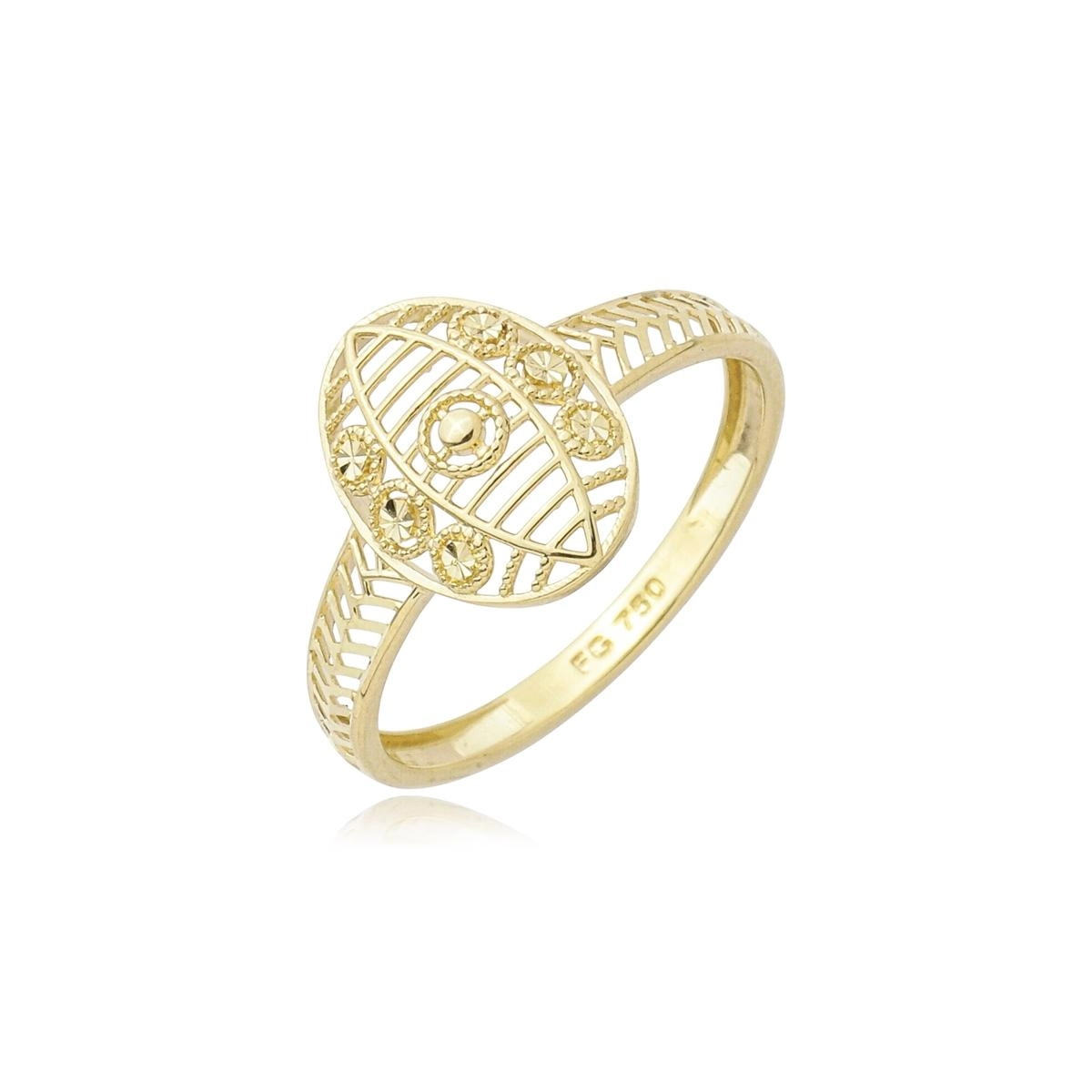 Anel Ouro 18k Oval Diamantado Bolinha