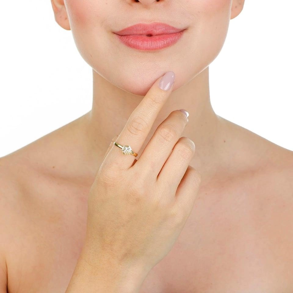 Anel Ouro 18k Sextavado Diamantado C/Zircônias