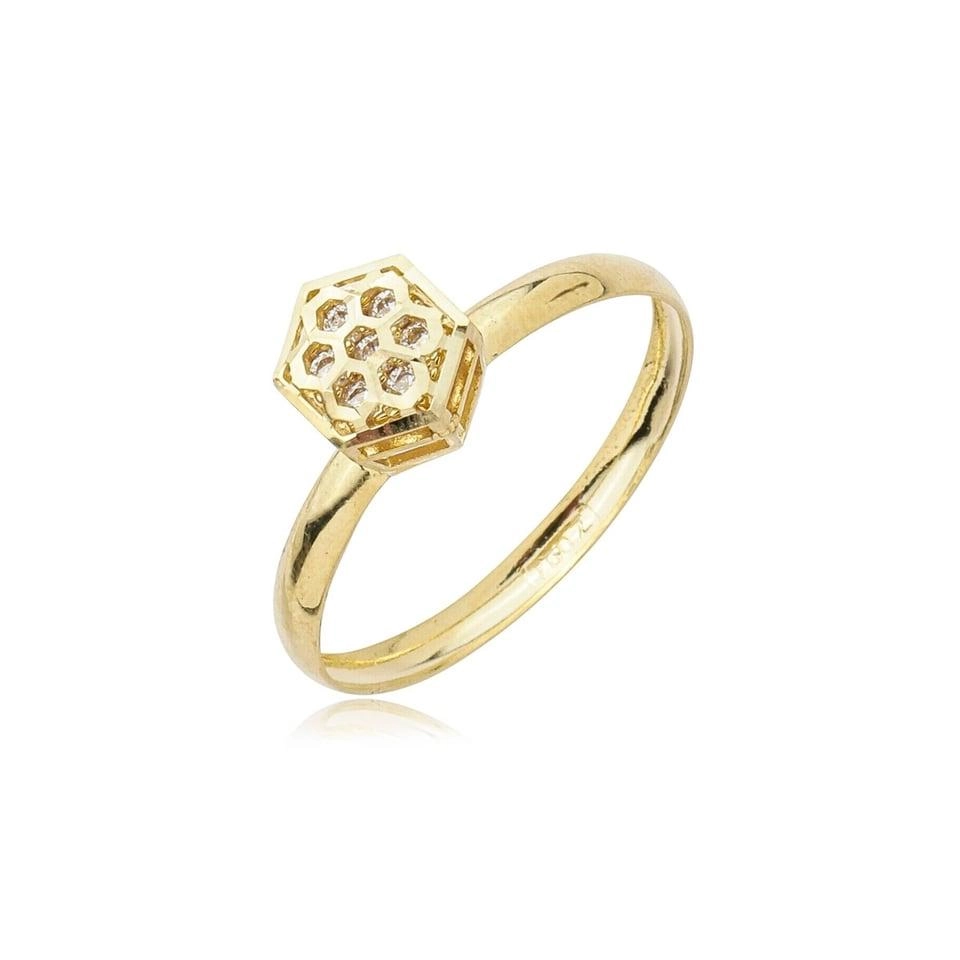 Anel Ouro 18k Sextavado Diamantado C/Zircônias
