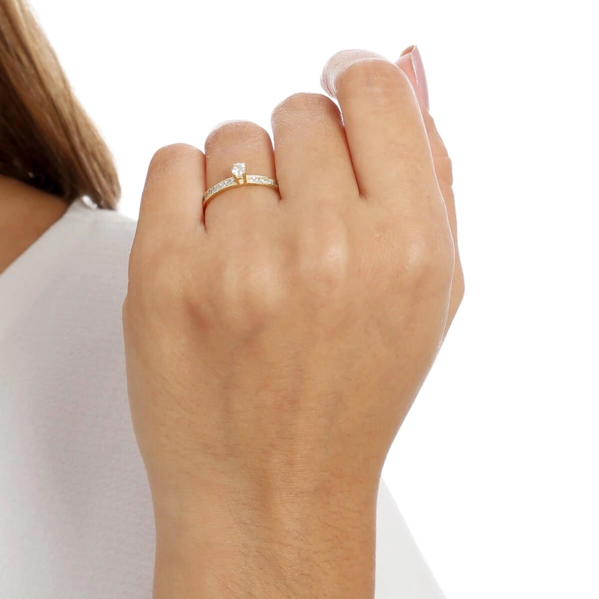 Anel Ouro 18k Solitário 3mm Pedras Laterais 