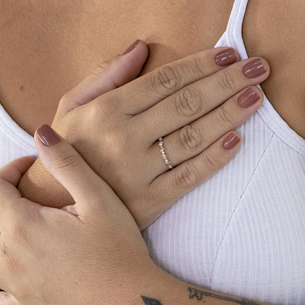 Anel Ouro Rosé 18k Corações C/Zircônias