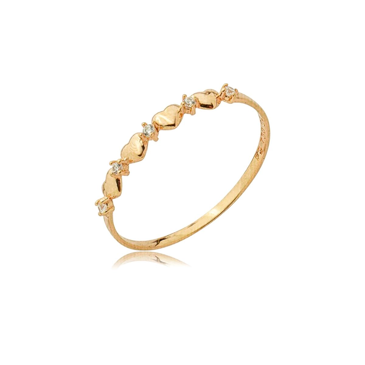 Anel Ouro Rosé 18k Corações C/Zircônias