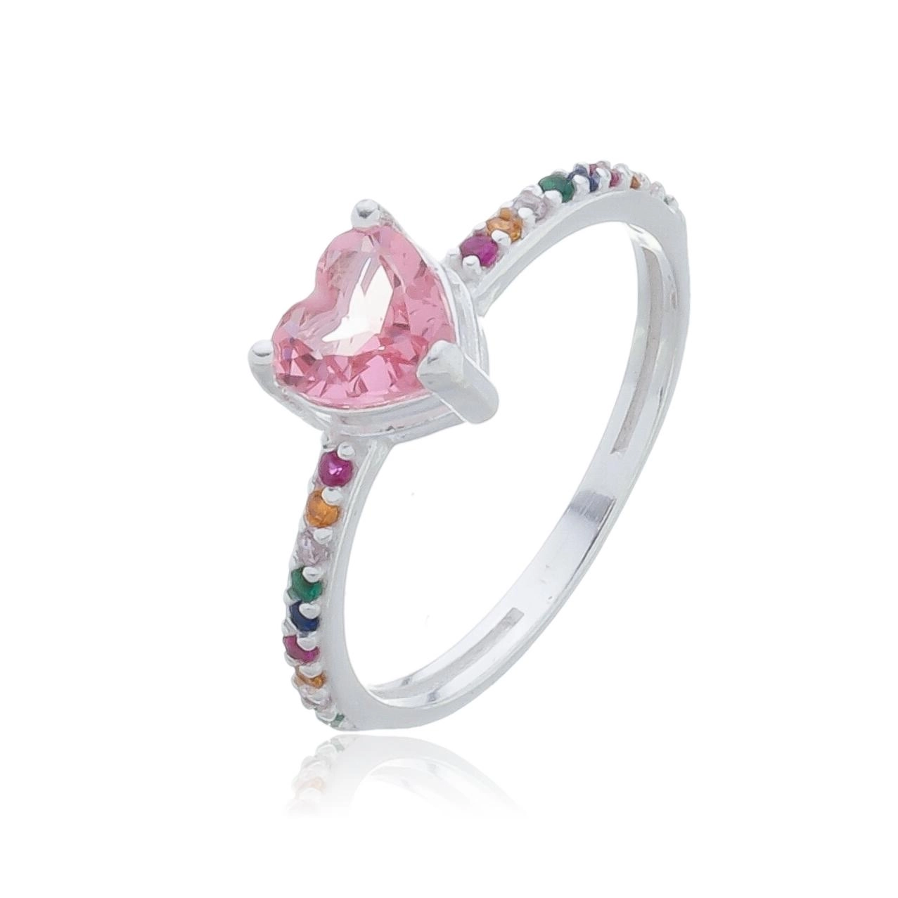 Anel Prata Coração Rosa C/Pedras Coloridas Prata 925