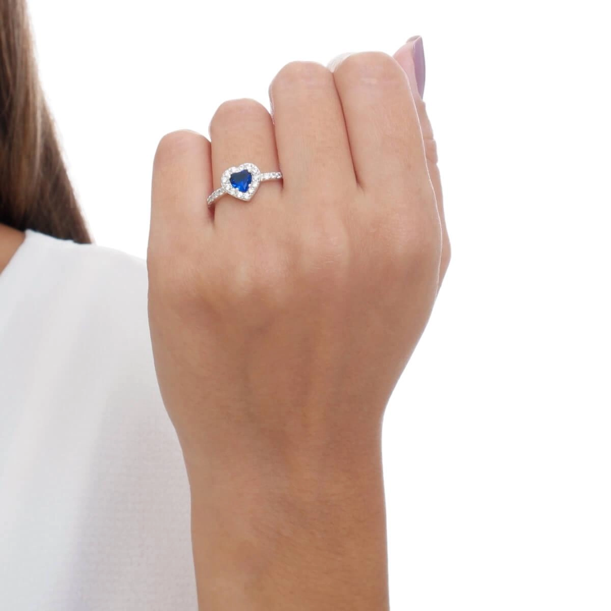 Anel Prata Coração Zircônia Azul Prata 925