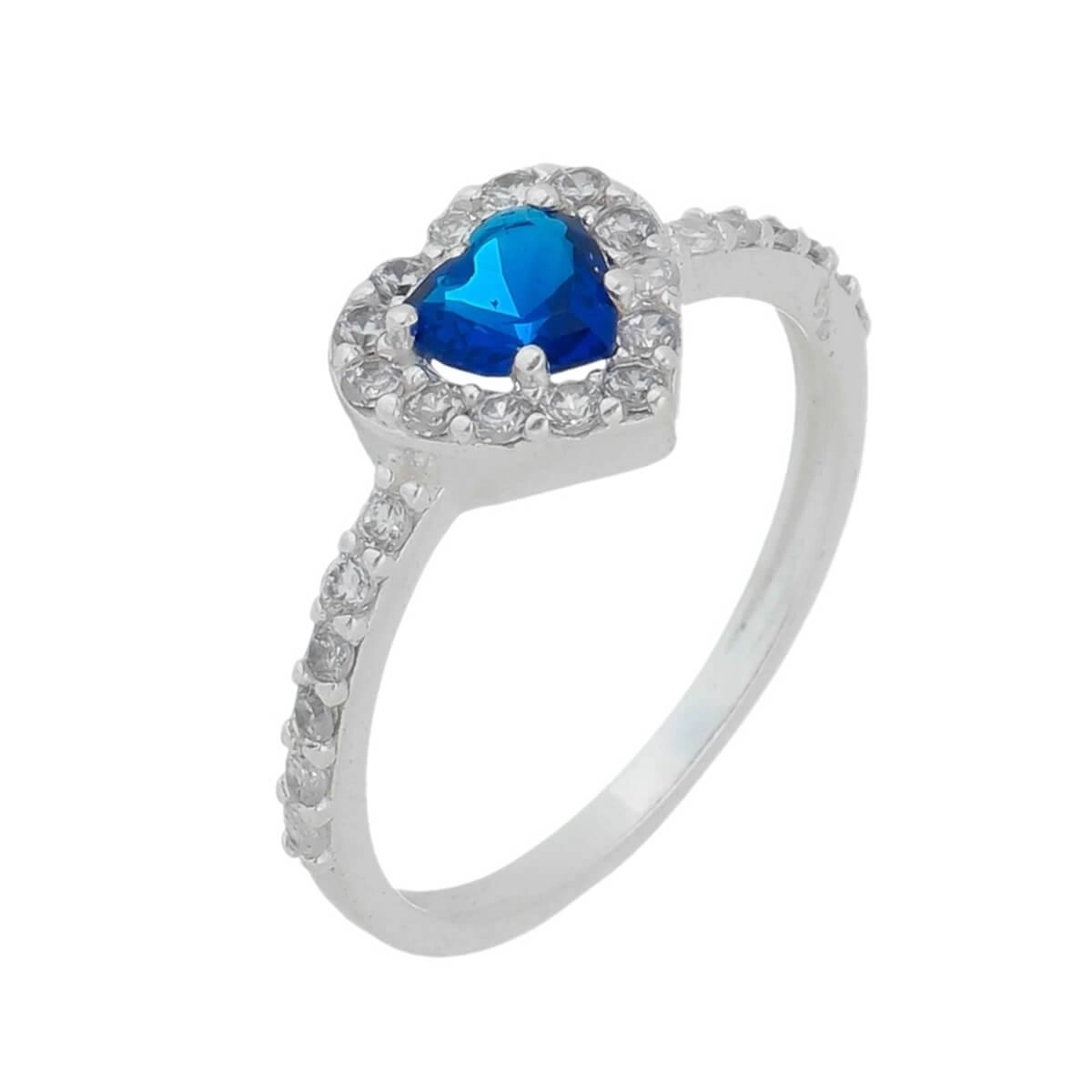 Anel Prata Coração Zircônia Azul Prata 925