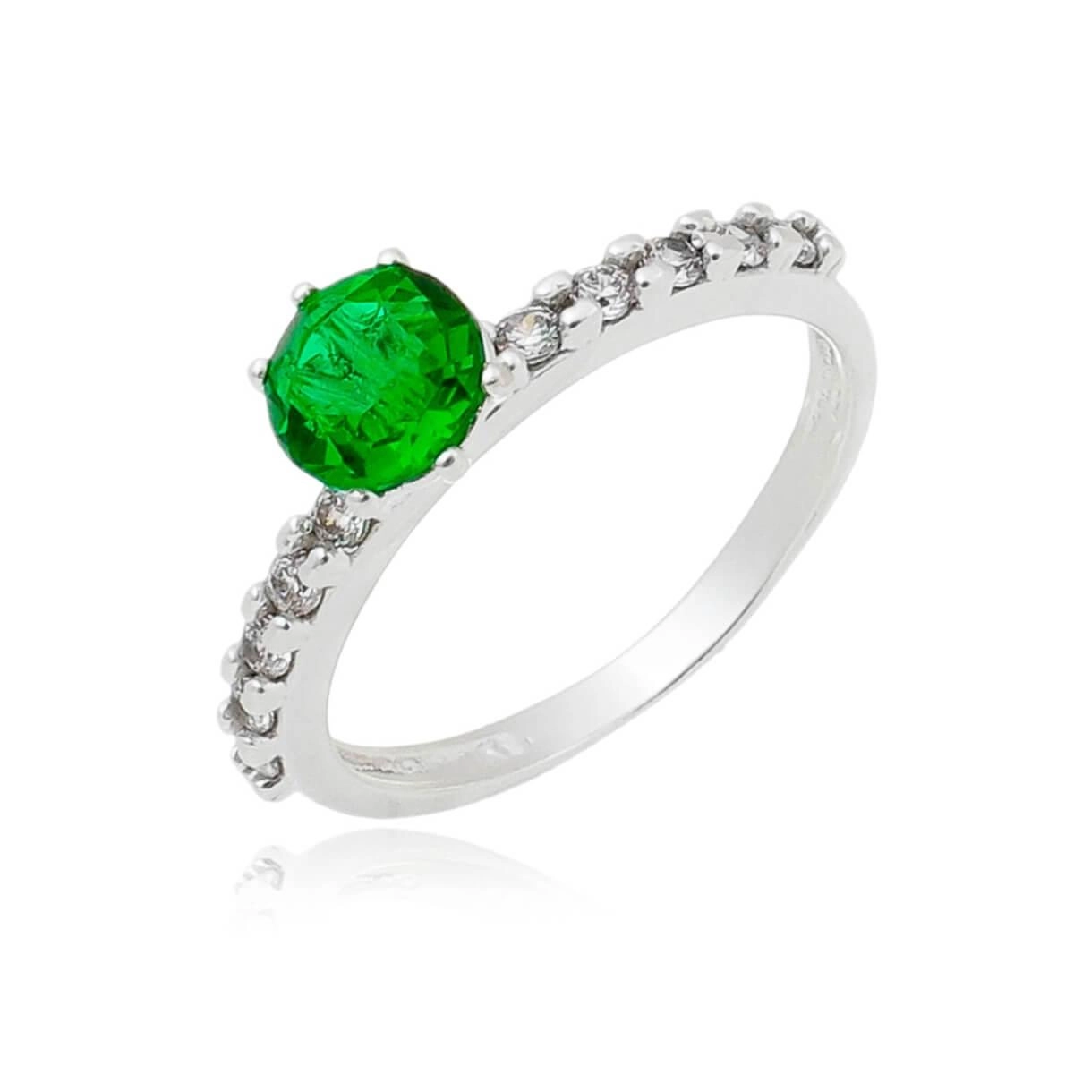 Anel Prata Solitário C/ Pedras 7mm Verde Prata 925
