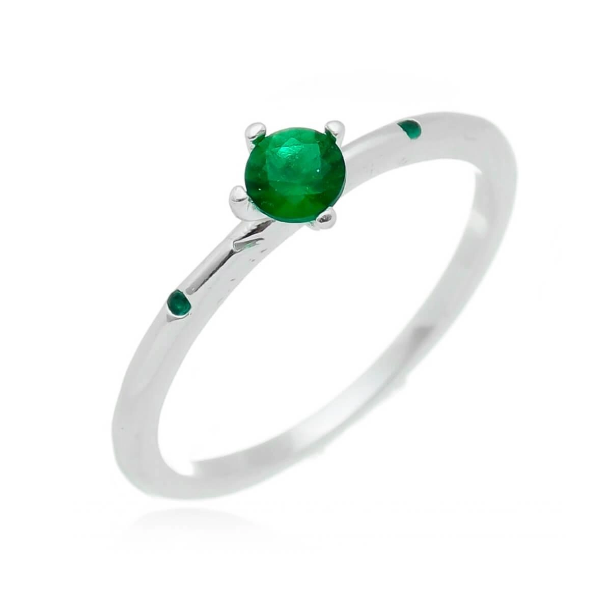 Anel Prata Solitário C/Pedras Laterais Verde 5.2mm Prata 925