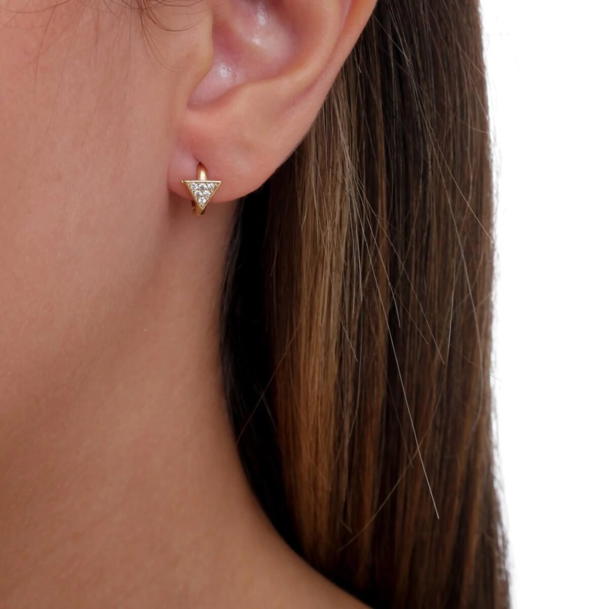 Brinco Ouro 18k Argola 2º Furo Triângulo C/ Pedras 9.50mm