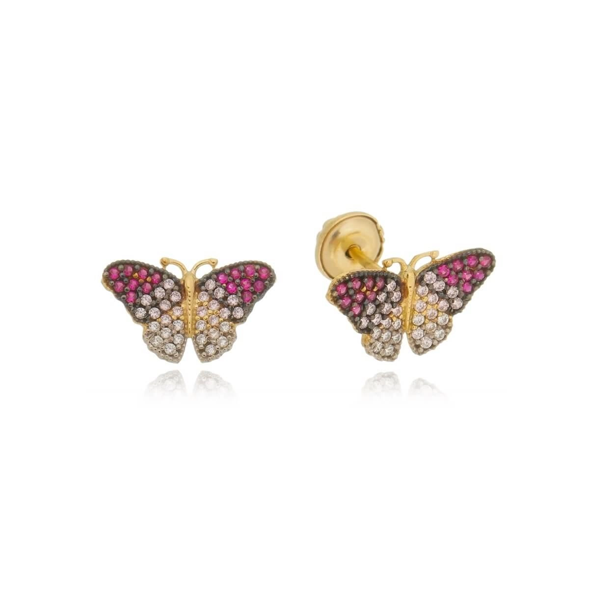 Brinco Ouro 18k Borboleta Rosa 7.40mm 