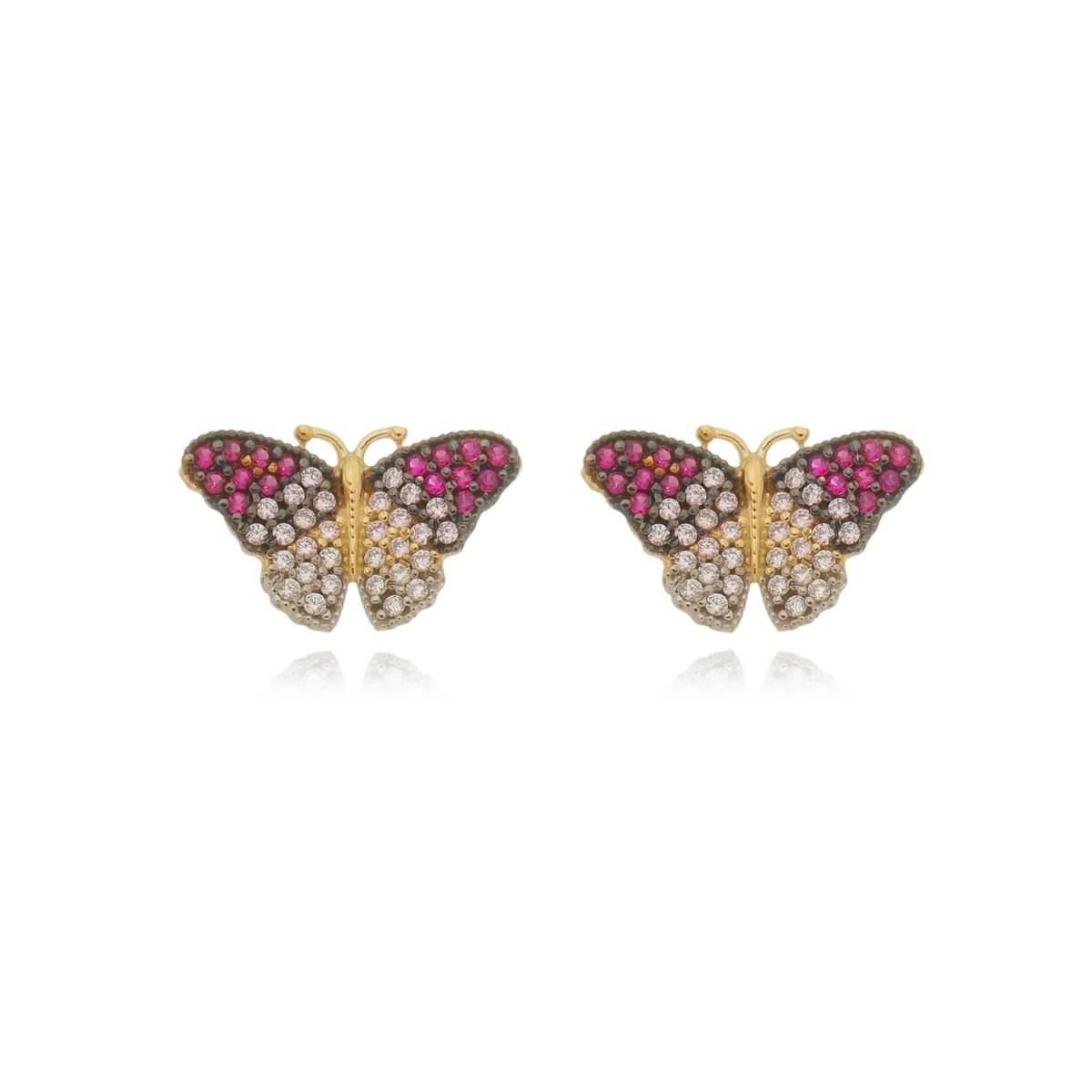Brinco Ouro 18k Borboleta Rosa 7.40mm 